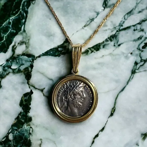 14k Gold Ancient Coin Necklace 18" Silver Roman Emperor Commodus 177-192 AD 5.7g - Picture 4 of 16